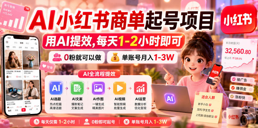 AI小红书商单起号项目，用AI提效,每天1-2小时即可，0粉就可以做，单账号月入1-3W-智点网