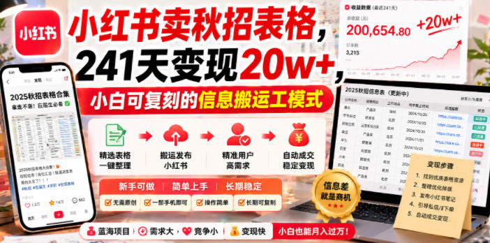 小红书卖秋招表格，241天变现20w+，小白可复刻的信息搬运工模式-智点网