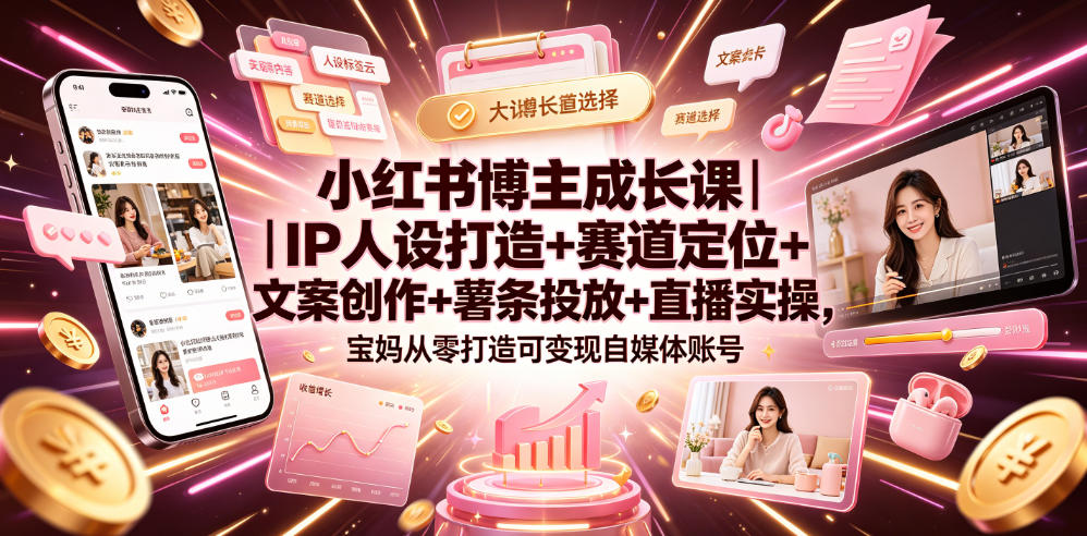 小红书博主成长课｜IP人设打造+赛道定位+文案创作+薯条投放+直播实操，宝妈从零打造可变现自媒体账号-智点网