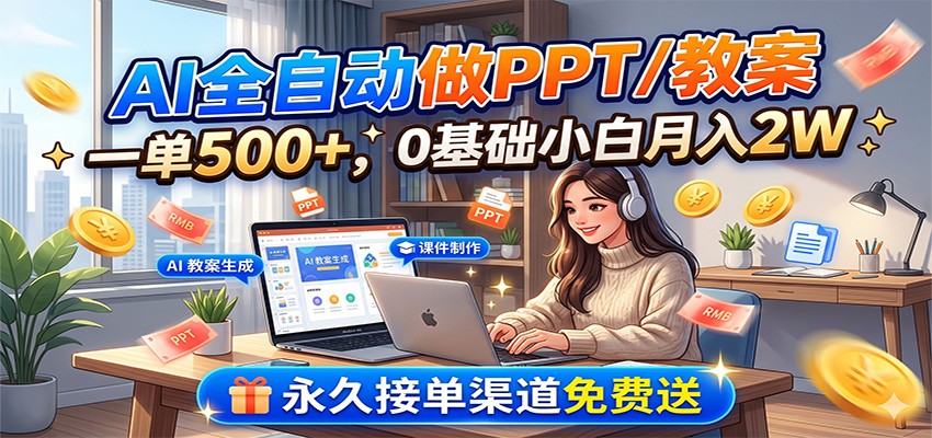 AI全自动做PPT/教案,一单500+,0基础小白月入2W,永久接单渠道免费送-智点网