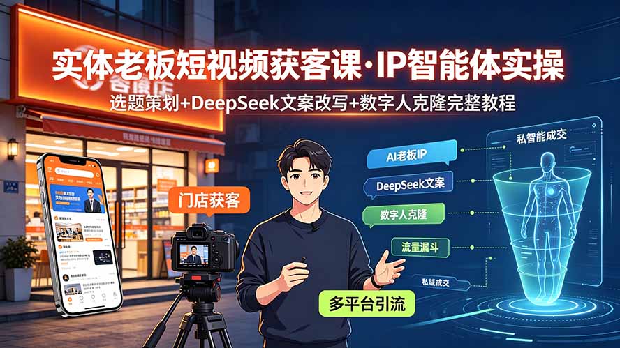 实体老板短视频获客课·IP智能体实操｜选题策划+DeepSeek文案改写+数字人克隆完整教程-智点网