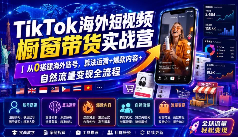 TikTok海外短视频橱窗带货实战营｜从0搭建海外账号，算法运营+爆款内容+自然流量变现全流程-智点网