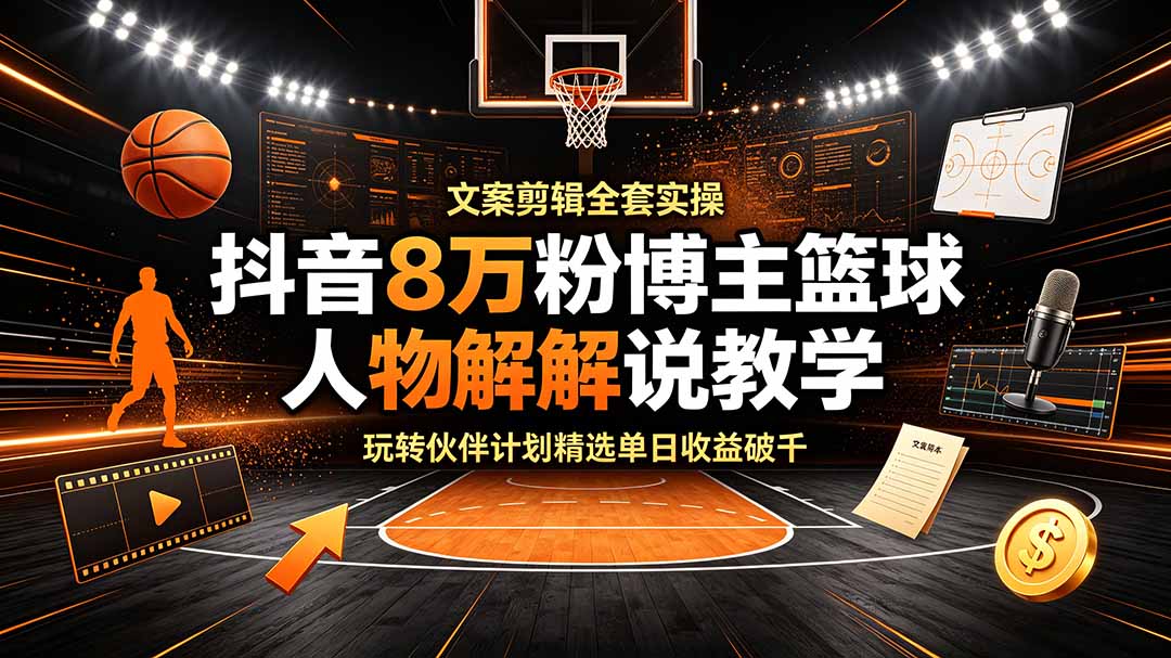 抖音8万粉博主篮球人物解说教学，文案剪辑全套实操，玩转伙伴计划精选单日收益破千-智点网