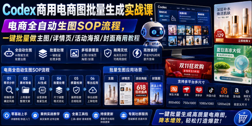 Codex商用电商图批量生成实战课｜电商全自动生图SOP流程，一键批量做主图/详情页/活动海报/封面商用教程-智点网