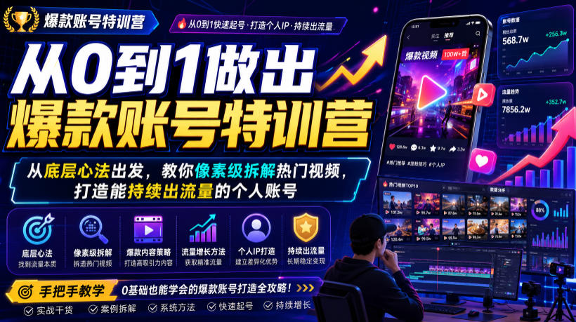 从0到1做出爆款账号特训营，从底层心法出发，教你像素级拆解热门视频，打造能持续出流量的个人账号-智点网