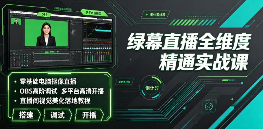 绿幕直播全维度精通实战课｜零基础电脑抠像直播、OBS高阶调试、多平台高清开播、直播间视觉美化落地教程-智点网