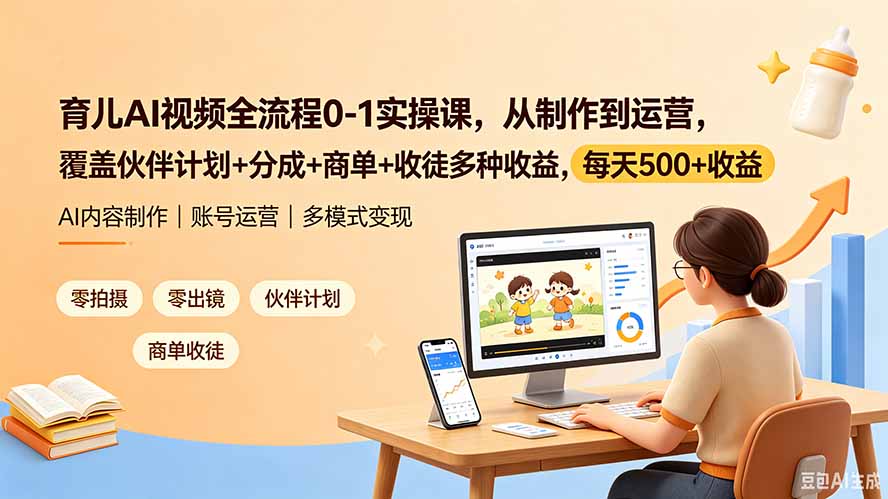 育儿AI视频全流程0-1实操课，从制作到运营，覆盖伙伴计划+分成+商单+收徒多种收益，每天500+收益-智点网
