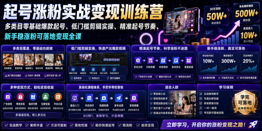 苗子起号涨粉实战变现训练营，多类目零基础爆款起号、精准起号节奏、新手稳涨粉可落地变现全课-智点网