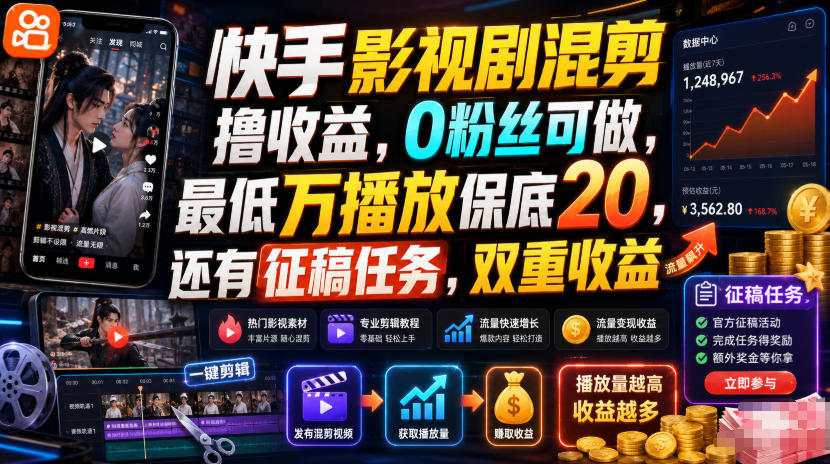 快手影视剧混剪撸收益，0粉丝可做，最低万播放保底20，还有征稿任务，双重收益-智点网