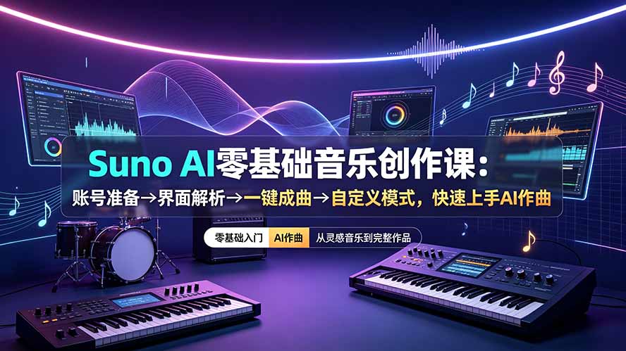 Suno AI零基础音乐创作课：账号准备→界面解析→一键成曲→自定义模式，快速上手AI作曲-智点网