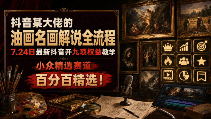 抖音某大佬的油画名画解说全流程，7.24日最新抖音开九项权益教学，小众精选赛道，百分百精选！-智点网