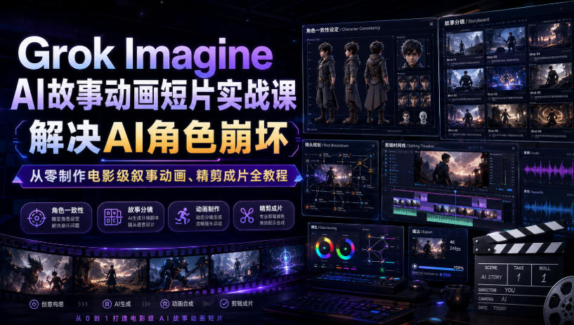 Grok Imagine AI故事动画短片实战课｜解决AI角色崩坏，从零制作电影级叙事动画、精剪成片全教程(中英字幕)-智点网