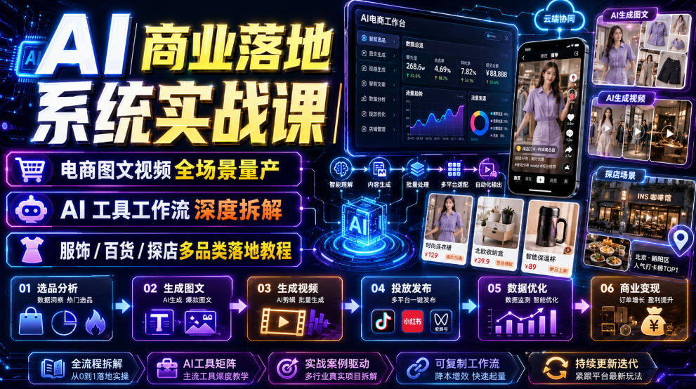 AI商业落地系统实战课｜电商图文视频全场景量产・AI工具工作流深度拆解・服饰/百货/探店多品类落地教程-智点网