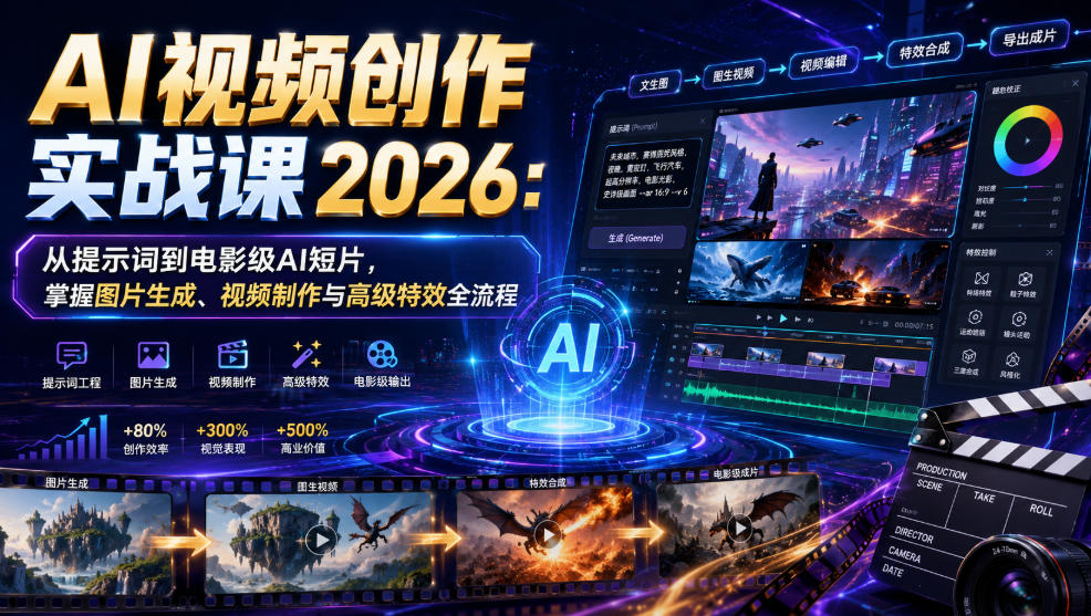 AI视频创作实战课2026：从提示词到电影级AI短片，掌握图片生成、视频制作与高级特效全流程-智点网
