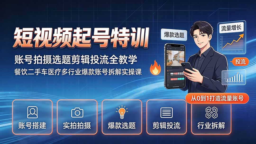 短视频起号特训｜账号拍摄选题剪辑投流全教学，餐饮二手车医疗多行业爆款账号拆解实操课-智点网