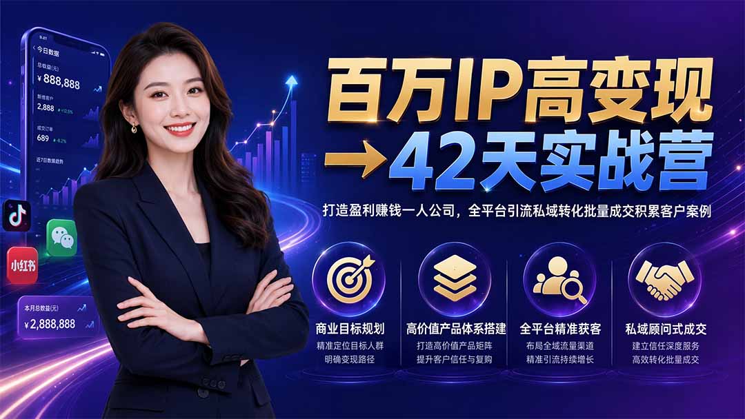 百万IP高变现→42天实战营｜打造盈利赚钱一人公司，全平台引流私域转化批量成交积累客户案例-智点网