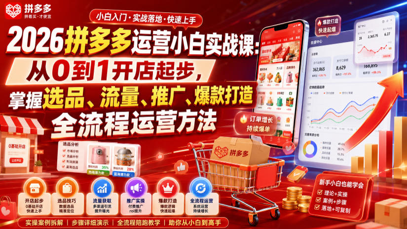 2026拼多多运营小白实战课：从0到1开店起步，掌握选品、流量、推广、爆款打造全流程运营方法-智点网
