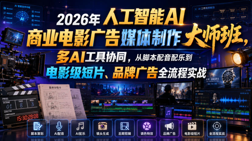 2026年人工智能AI商业电影广告媒体制作大师班，多AI工具协同，从脚本配音配乐到电影级短片、品牌广告全流程实战(中英字幕)-智点网