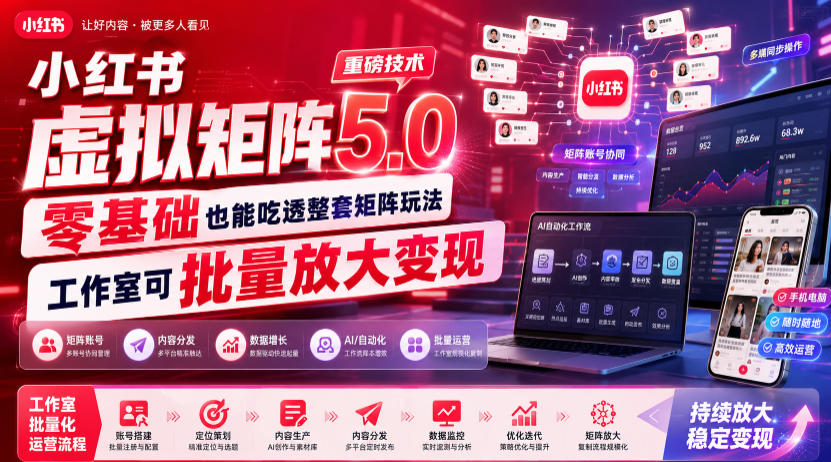 小红书虚拟矩阵5.0重磅技术，零基础也能吃透整套矩阵玩法，工作室可批量放大变现-智点网