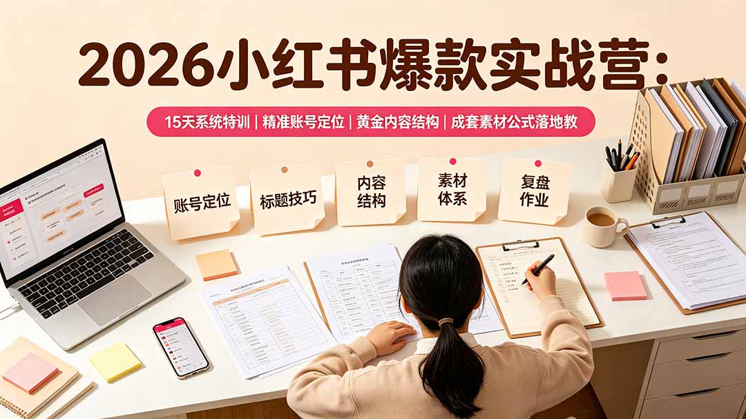 2026小红书爆款实战营：15天系统特训｜精准账号定位｜黄金内容结构｜成套素材公式落地教程-智点网