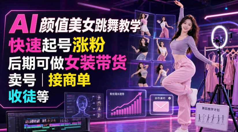 AI颜值美女跳舞教学，快速起号涨粉，后期可做女装带货，卖号，接商单，收徒等-智点网