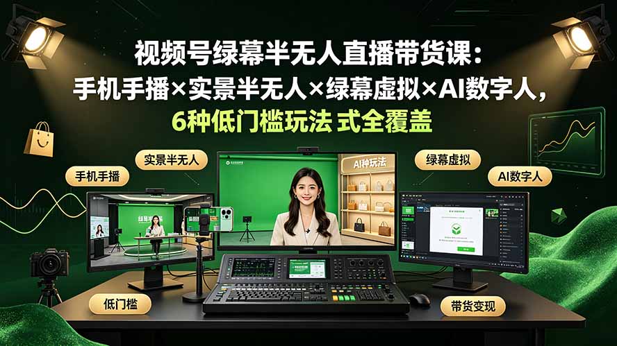 视频号绿幕半无人直播带货课：手机手播×实景半无人×绿幕虚拟×AI数字人，6种低门槛玩法全覆盖-智点网
