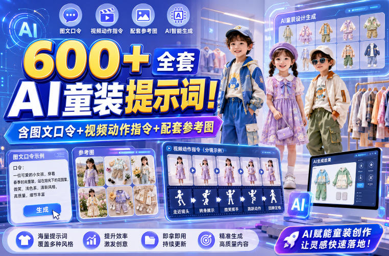 600+全套AI童装提示词！含图文口令+视频动作指令+配套参考图，Word-Excel规整分类，童装电商、种草无脑量产内容！-智点网
