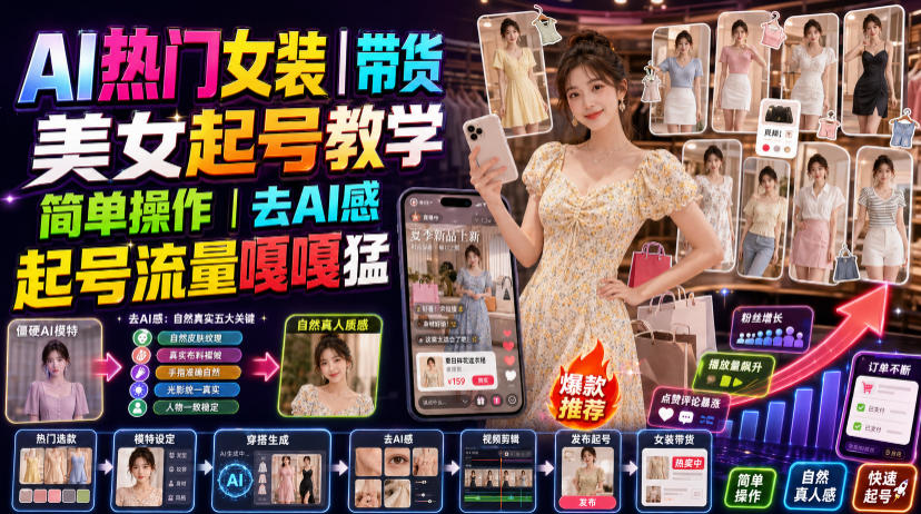 AI热门女装带货丨美女起号教学，简单操作，去AI感，起号流量嘎嘎猛-智点网