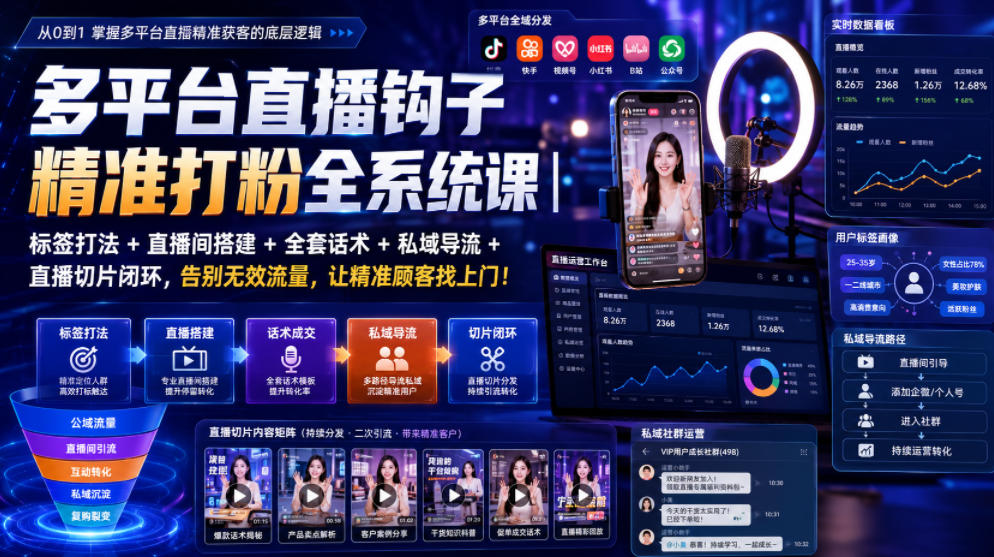 多平台直播钩子精准打粉全系统课｜标签打法+直播间搭建+全套话术+私域导流+直播切片闭环，告别无效流量，让精准顾客找上门！-智点网