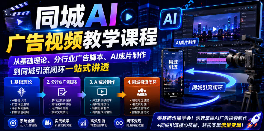 同城AI广告视频教学课程，从基础理论、分行业广告脚本、AI成片制作到同城引流闭环一站式讲透-智点网