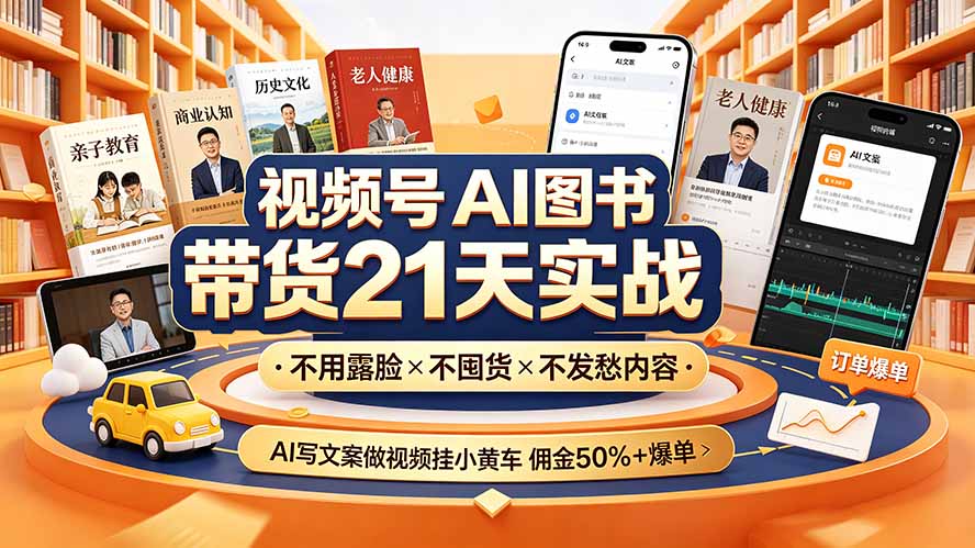 视频号AI图书带货21天实战：不用露脸×不囤货×不发愁内容，AI写文案做视频挂小黄车，佣金50%+爆单-智点网