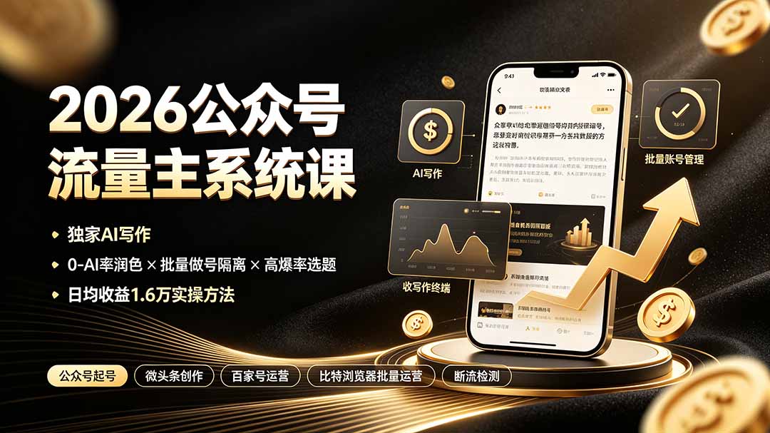 2026公众号流量主系统课：独家AI写作×0-AI率润色×批量做号隔离×高爆率选题，日均收益1.6万实操方法-智点网