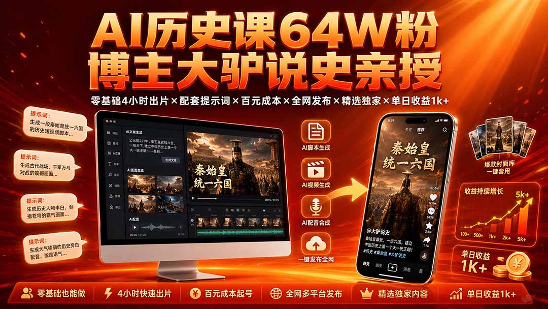 AI历史课64W粉博主大驴说史亲授：零基础4小时出片×配套提示词×百元成本×全网发布×精选独家×单日收益1k+-智点网