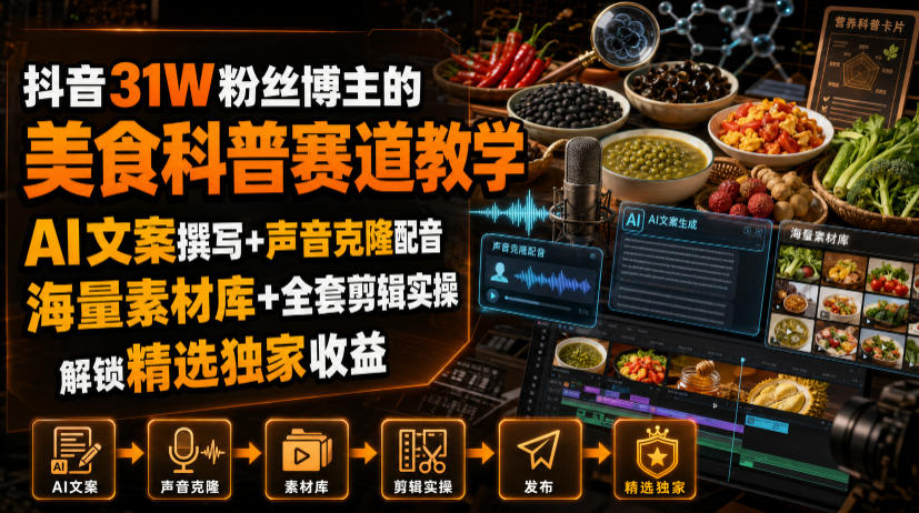 抖音31W粉丝博主的美食科普赛道教学，AI文案撰写+声音克隆配音+剪辑实操，解锁精选独家收益-智点网