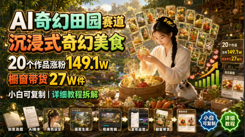 AI奇幻田园赛道，沉浸式奇幻美食，20个作品涨粉149.1W，橱窗带货27W件，小白可复制，详细教程拆解-智点网
