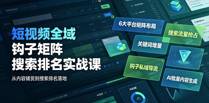 短视频全域钩子矩阵搜索排名实战课｜6大平台矩阵布局、关键词堆量抢占搜索流量、钩子私域导流、AI批量内容生成-智点网