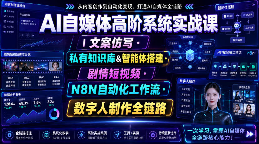 AI自媒体高阶系统实战课｜文案仿写・私有知识库&智能体搭建・剧情短视频・N8N自动化工作流・数字人制作全链路-智点网