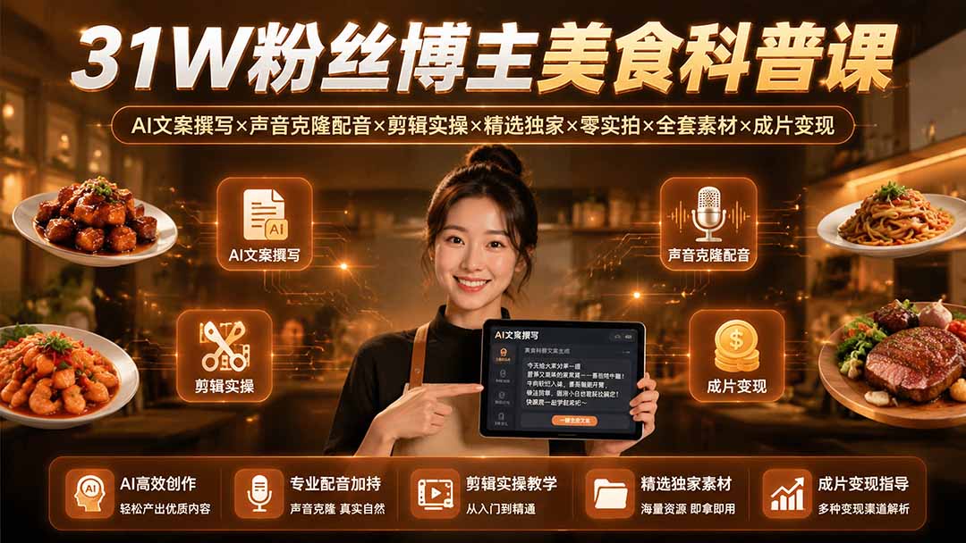 31W粉丝博主美食科普课：AI文案撰写×声音克隆配音×剪辑实操×精选独家×零实拍×全套素材×成片变现-智点网