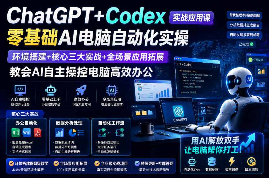 ChatGPT+Codex实战应用课｜零基础AI电脑自动化实操，环境搭建+核心三大实战+全场景应用拓展，教会AI自主操控电脑高效办公-智点网
