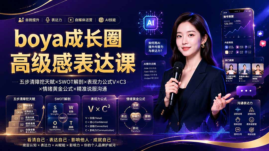 boya成长圈｜内心成长高级表达AI自媒体三合一，消解内耗挖掘天赋，镜头沟通AI指令短视频全流程教学-智点网