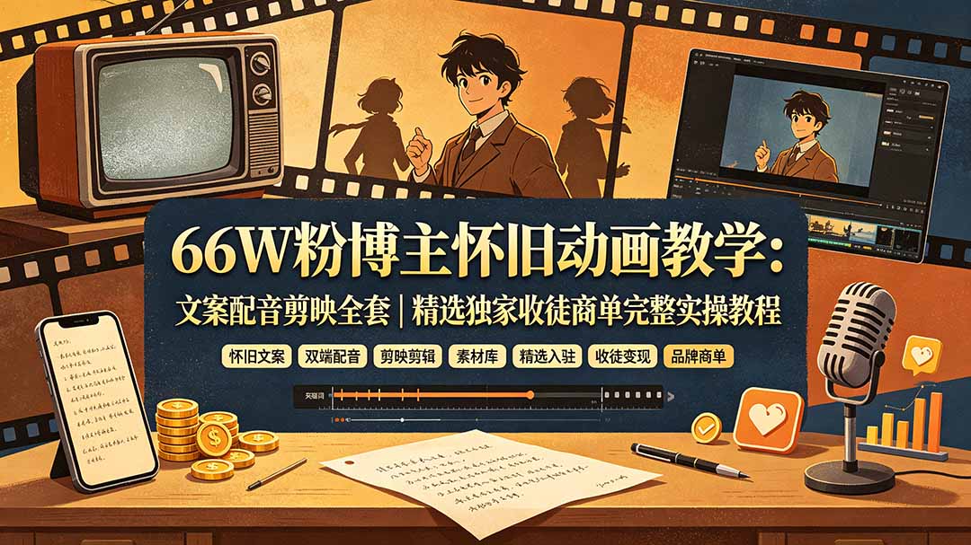 66W粉博主怀旧动画教学：文案配音剪映全套｜精选独家收徒商单完整实操教程-智点网