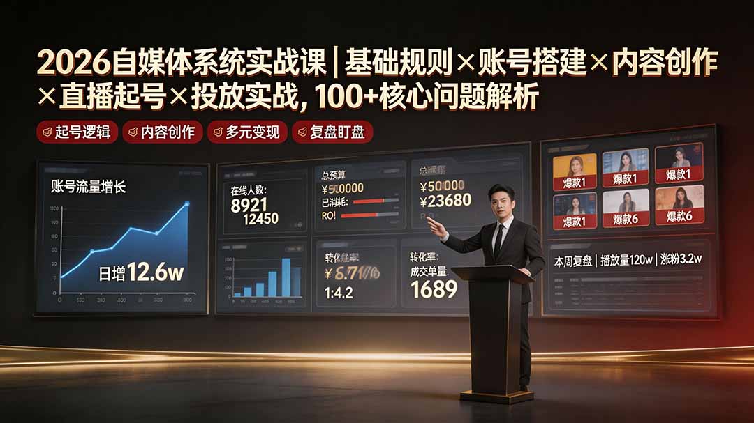 2026自媒体系统实战课｜基础规则×账号搭建×内容创作×直播起号×投放实战，100+核心问题解析-智点网