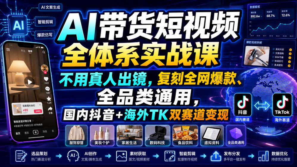 AI带货短视频全体系实战课，不用真人出镜，复刻全网爆款、全品类通用，国内抖音+海外TK双赛道变现-智点网