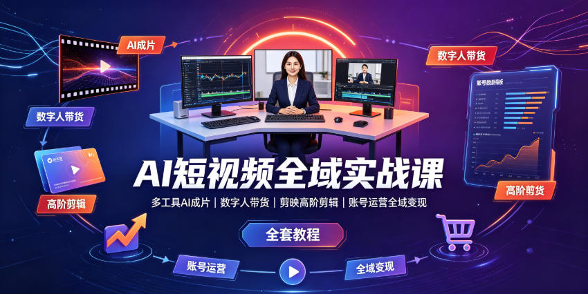 AI短视频全域实战课｜多工具AI成片、数字人带货、剪映高阶剪辑、账号运营全域变现全套教程-智点网