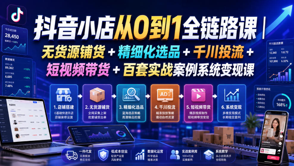 抖音小店从0到1全链路课｜无货源铺货+精细化选品+千川投流+短视频带货+百套实战案例系统变现课(2026年7月更新)-智点网