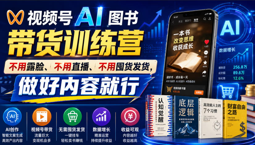 视频号AI图书带货训练营，不用露脸、不用直播、不用囤货发货，做好内容就行，一条爆款视频佣金8942-智点网