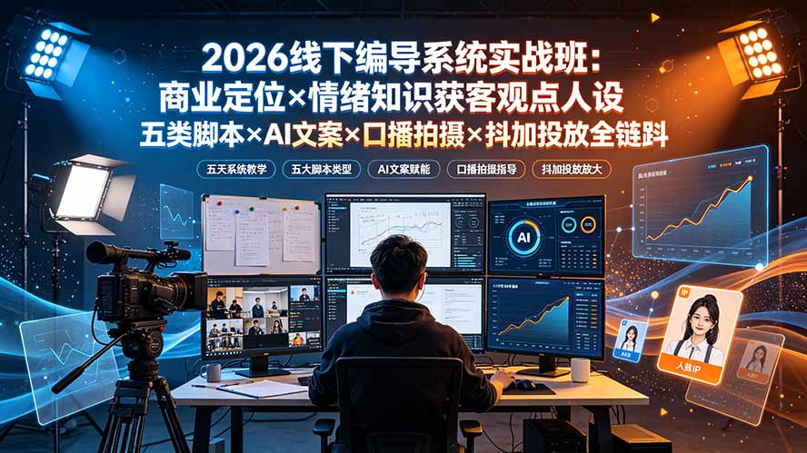 2026线下编导系统实战班：商业定位×情绪知识获客观点人设五类脚本×AI文案×口播拍摄×抖加投放全链路-智点网