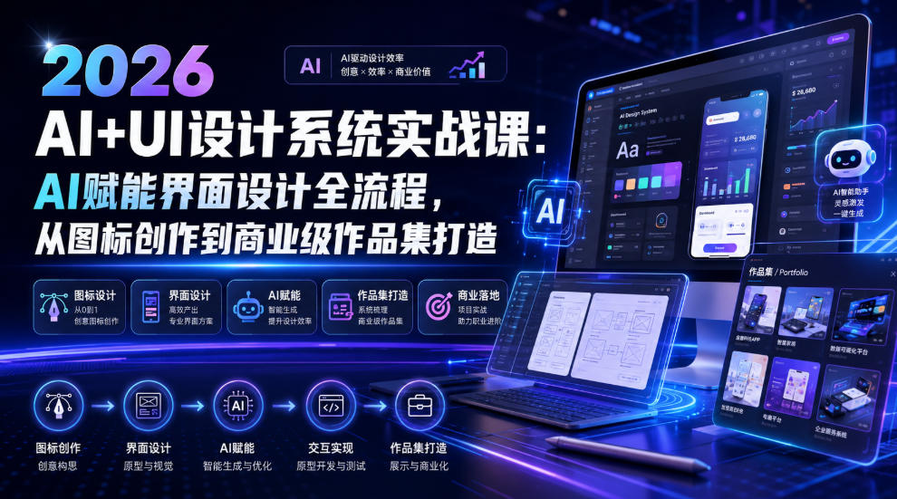 2026 AI+UI设计系统实战课：AI赋能界面设计全流程，从图标创作到商业级作品集打造-智点网