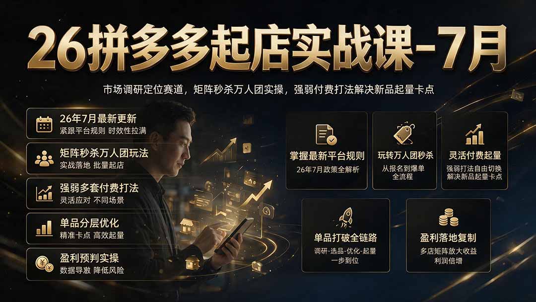 26拼多多起店实战课-7月｜市场调研定位赛道，矩阵秒杀万人团实操，强弱付费打法解决新品起量卡点-智点网