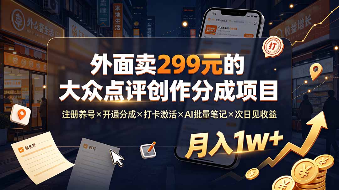 外面卖299元的大众点评创作分成项目：注册养号×开通分成×打卡激活×AI批量笔记×次日见收益，月入1w+-智点网